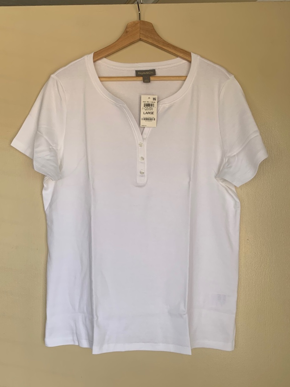 Style & Co Bright White Split V-neck Henley Cotton Shirt Essential Tee Sz.L